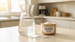 Carafe en verre remplie d’eau claire sur un plan de cuisine lumineux, accompagnée d’un petit pot de bicarbonate alimentaire et de bandelettes de pH.