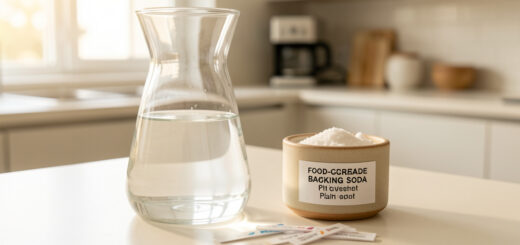 Carafe en verre remplie d’eau claire sur un plan de cuisine lumineux, accompagnée d’un petit pot de bicarbonate alimentaire et de bandelettes de pH.