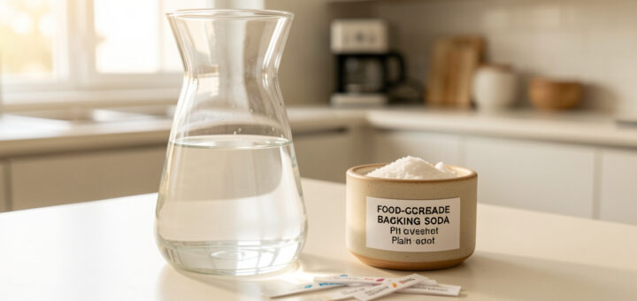 Carafe en verre remplie d’eau claire sur un plan de cuisine lumineux, accompagnée d’un petit pot de bicarbonate alimentaire et de bandelettes de pH.