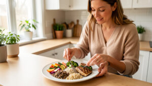 Une femme prépare une assiette équilibrée composée de légumes colorés, de céréales complètes et de protéines dans une cuisine lumineuse.