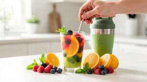 Boisson fruitée colorée dans un verre, accompagnée de fruits frais, de menthe et d’un shaker réutilisable sur un plan de travail lumineux.