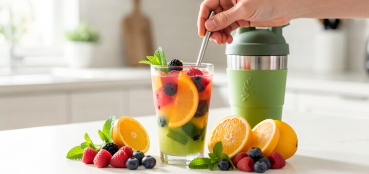 Boisson fruitée colorée dans un verre, accompagnée de fruits frais, de menthe et d’un shaker réutilisable sur un plan de travail lumineux.