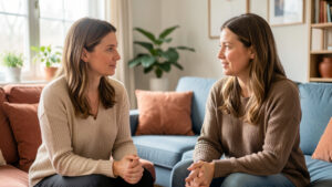 Deux femmes discutent calmement dans un salon lumineux, dans une atmosphère d’écoute, de respect et de soutien.