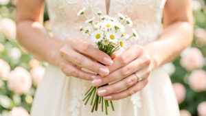 Mains féminines portant une manucure rose pâle nacrée, tenant délicatement un bouquet de fleurs blanches dans un jardin estival.