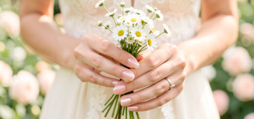 Mains féminines portant une manucure rose pâle nacrée, tenant délicatement un bouquet de fleurs blanches dans un jardin estival.