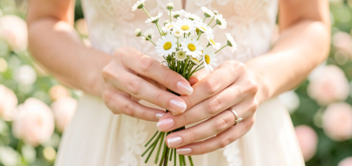 Mains féminines portant une manucure rose pâle nacrée, tenant délicatement un bouquet de fleurs blanches dans un jardin estival.