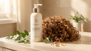 Flacon de shampoing clarifiant sans marque posé près de boucles souples et bien définies, avec des gouttes d’eau et des éléments botaniques dans une salle de bains lumineuse.