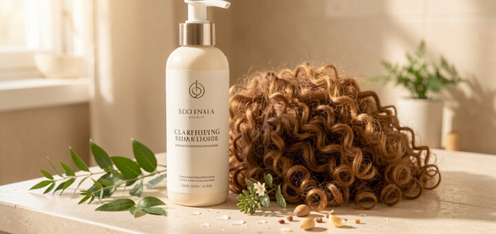Flacon de shampoing clarifiant sans marque posé près de boucles souples et bien définies, avec des gouttes d’eau et des éléments botaniques dans une salle de bains lumineuse.