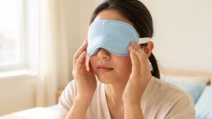 Jeune femme au visage légèrement gonflé au réveil, appliquant doucement un masque frais et une crème hydratante dans une chambre lumineuse.