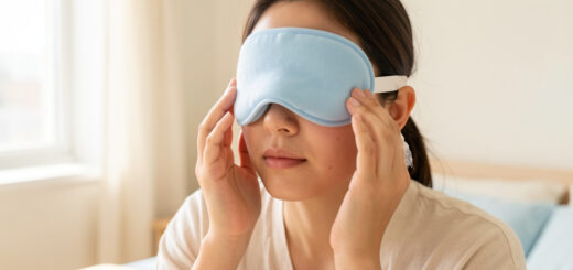 Jeune femme au visage légèrement gonflé au réveil, appliquant doucement un masque frais et une crème hydratante dans une chambre lumineuse.