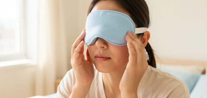 Jeune femme au visage légèrement gonflé au réveil, appliquant doucement un masque frais et une crème hydratante dans une chambre lumineuse.