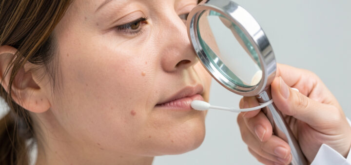 Gros plan sur la joue d’une femme examinée délicatement par une dermatologue à l’aide d’une lampe grossissante.