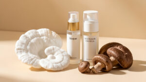 Composition beauté éditoriale avec trémelle blanche, reishi, shiitake et flacons de sérum élégants sur un fond beige lumineux.