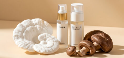 Composition beauté éditoriale avec trémelle blanche, reishi, shiitake et flacons de sérum élégants sur un fond beige lumineux.