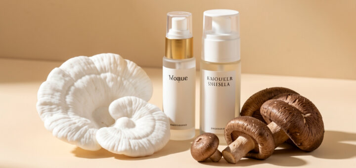 Composition beauté éditoriale avec trémelle blanche, reishi, shiitake et flacons de sérum élégants sur un fond beige lumineux.