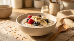 Bol de porridge agrémenté de graines de lin dorées, de fruits rouges et de rondelles de banane, avec une cuillère en bois dans une cuisine baignée de lumière matinale.