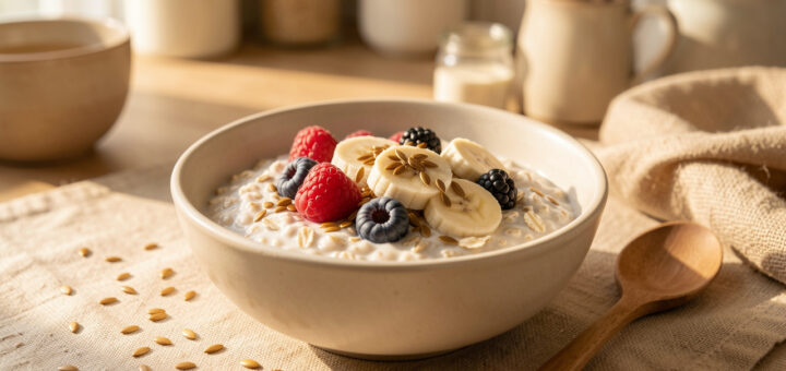 Bol de porridge agrémenté de graines de lin dorées, de fruits rouges et de rondelles de banane, avec une cuillère en bois dans une cuisine baignée de lumière matinale.