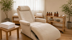 Institut de beauté lumineux avec fauteuil de soin, serviettes pliées, plantes vertes et décoration naturelle dans une ambiance douce et chaleureuse.