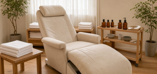 Institut de beauté lumineux avec fauteuil de soin, serviettes pliées, plantes vertes et décoration naturelle dans une ambiance douce et chaleureuse.