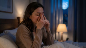 Une femme assise dans son lit le soir pratique calmement un exercice de respiration nasale dans une chambre chaleureusement éclairée.