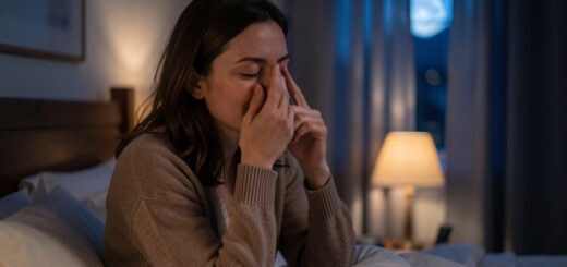 Une femme assise dans son lit le soir pratique calmement un exercice de respiration nasale dans une chambre chaleureusement éclairée.